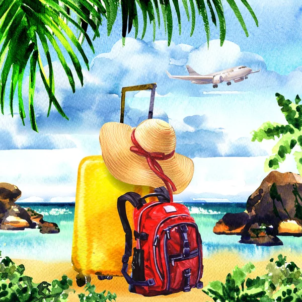 Saco de viagem com chapéu de palha e mochila na ilha paradisíaca com palmeiras, avião voador no céu, horário de verão, conceito de férias e viagens, ilustração aquarela desenhada à mão — Fotografia de Stock