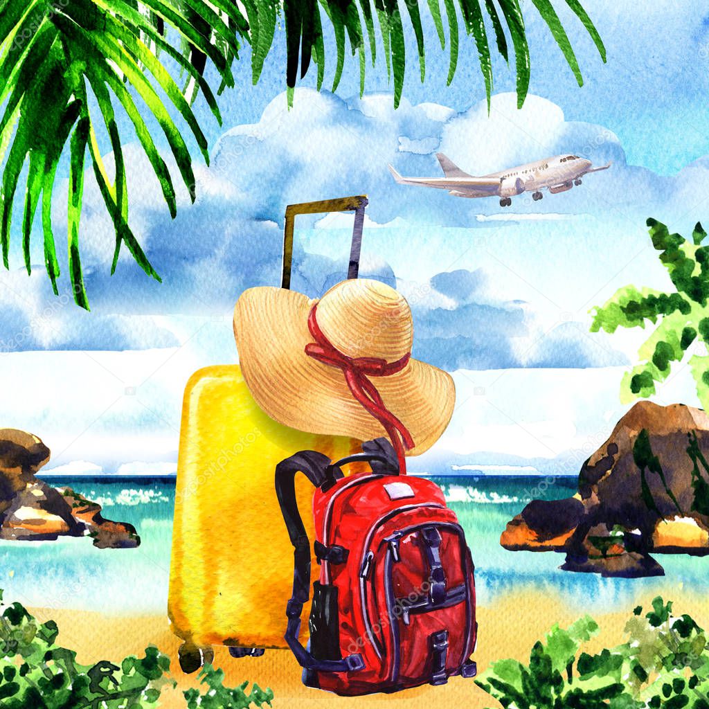 Travel bag with straw hat and backpack on paradise island with palm trees, flying airplane on sky, summer time, vacation and travel concept, hand drawn watercolor illustration