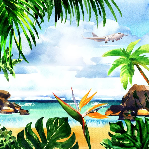 Beautiful paradise tropical island with sandy beach, palm trees, rocks, flying airplane on sky, summer time, vacation and travel concept, hand drawn watercolor illustration — Stock Photo, Image