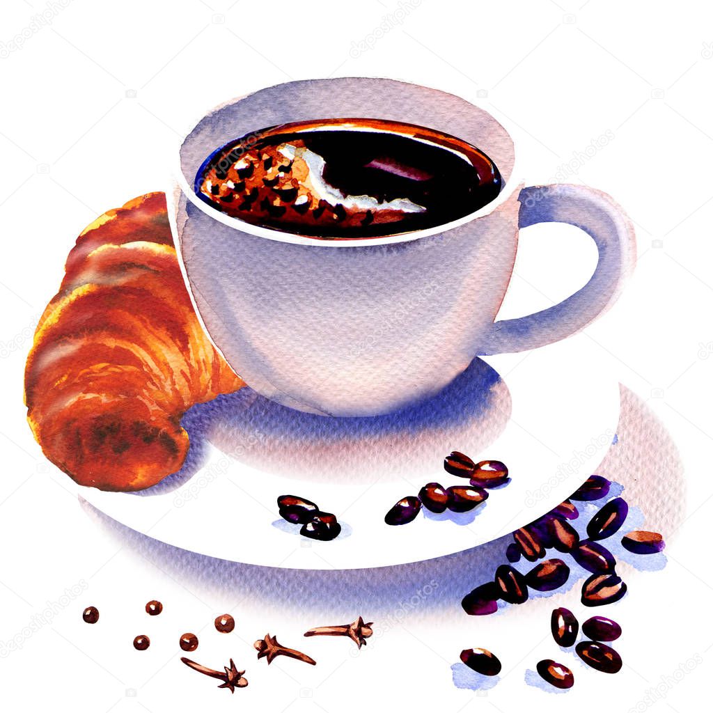Morning breakfast, coffee cup and croissants with coffee beans and carnation spice, dry cloves and coffee grains, isolated, hand drawn watercolor illustration on white