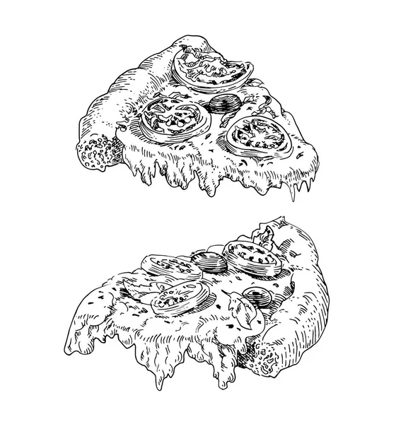 Rebanada de deliciosa pizza con tomate, aceitunas, albahaca, queso fluido, pedazo de pizza deliciosa, comida rápida, ilustración dibujada a mano, blanco y negro, boceto de dibujo a mano, estilo incompleto — Archivo Imágenes Vectoriales