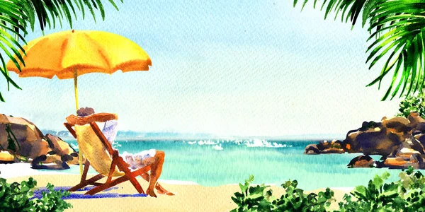 Beautiful paradise tropical island with sandy beach and palms, sea, ocean. Man is resting on chair under umbrella, summer holiday, vacation and travel concept, hand drawn watercolor illustration — Stock Photo, Image