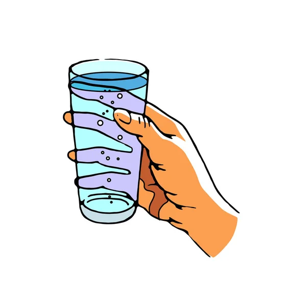 Рука держит стакан чистой воды, напиток, изолированные, векторные иллюстрации на белом — стоковый вектор