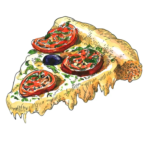 Slice of fresh delicious pizza with with tomato, olives, basil, flowing cheese, piece of yummy hot italian margherita, fast food, isolated, hand drawn watercolor illustration on white