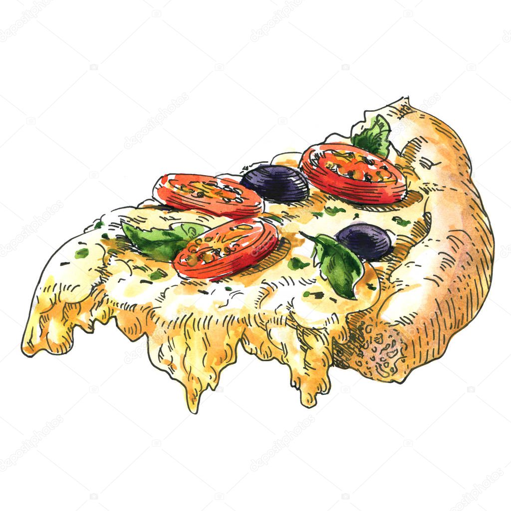 Slice of fresh delicious pizza with with tomato, olives, basil, flowing cheese, piece of yummy hot italian margherita, fast food, isolated, hand drawn watercolor illustration on white