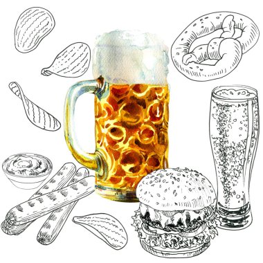 Lager bira ve aperatifler, octoberfest bir fincan seti, stil kroki, tasarım öğeleri, beyaz üzerine çizilen illüstrasyon el