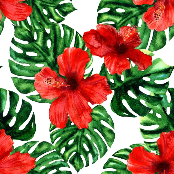 Tropical palm leaves and hibiscus flowers, summer colorful hawaiian seamless pattern wallpaper, summer print design, hand drawn watercolor illustration on white