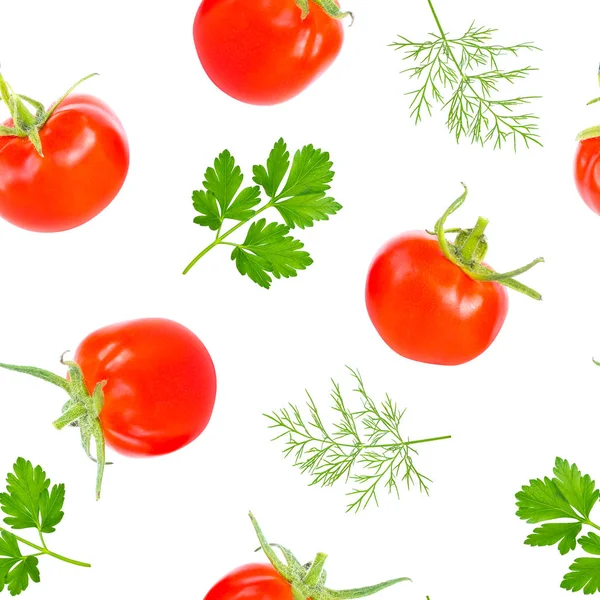 Tomate cereja suculento vermelho inteiro com folhas de salsa e endro, vegetais frescos de verão, padrão de comida, padrão sem costura no branco — Fotografia de Stock