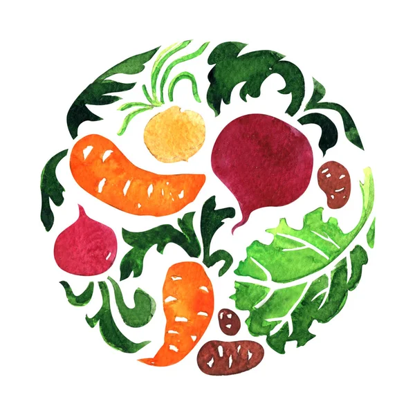 Conjunto de legumes em círculo, cenoura, beterraba, batata, folha de salada. Alimentos orgânicos, conceito de comida vegetariana saudável. Banner, logotipo, modelo de design de rótulo, ícone de forma redonda. ilustração aquarela desenhada à mão — Fotografia de Stock