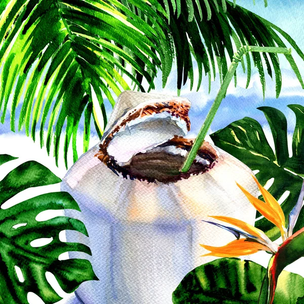 Verse kokosnoot water drankje met rietje aan tropische zandstrand met palmbomen, monstera bladeren, paradijsvogel bloem, zomer, vakantie en reizen-concept, de hand getekende aquarel illustratie — Stockfoto