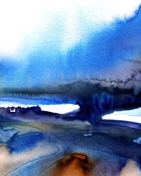 Scuro blu astratto creativo dipinto grunge sfondo su carta texture, disegnato a mano acquerello illustrazione — Foto Stock