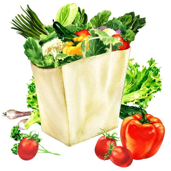 Bolsa de papel con alimentos orgánicos saludables, bolsa de la compra de comestibles y verduras frescas, concepto vegetariano, aislado, acuarela dibujada a mano ilustración en blanco — Foto de Stock