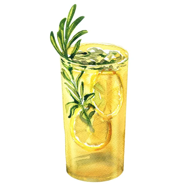 Vaso de refrescante cóctel, bebida fresca de limón con limón, romero, gin tonic, limonada, bebida, aislado, acuarela dibujada a mano ilustración en blanco — Foto de Stock