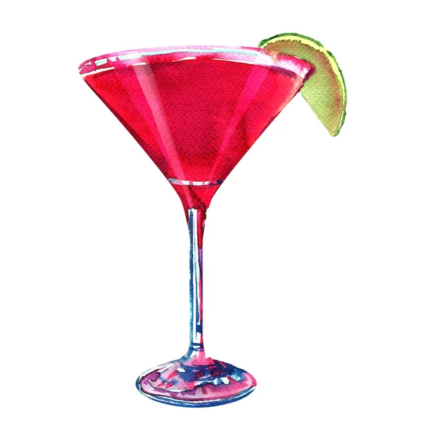 Cóctel rojo con naranja, rodaja de lima, martini, cosmopolita, bebida alcohólica, aislado, acuarela dibujada a mano ilustración en blanco —  Fotos de Stock