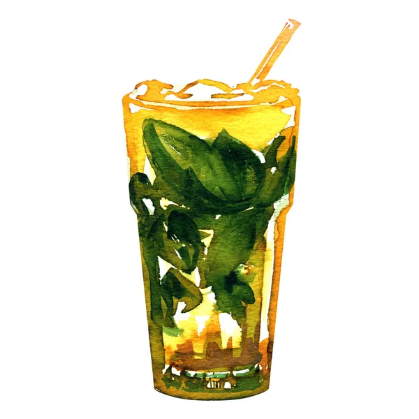 Fresh summer cold cocktail, homemade orange lemonade with mint and ice cubes in glass, mojito drink, isolated, hand drawn watercolor illustration on white — Stock Photo, Image