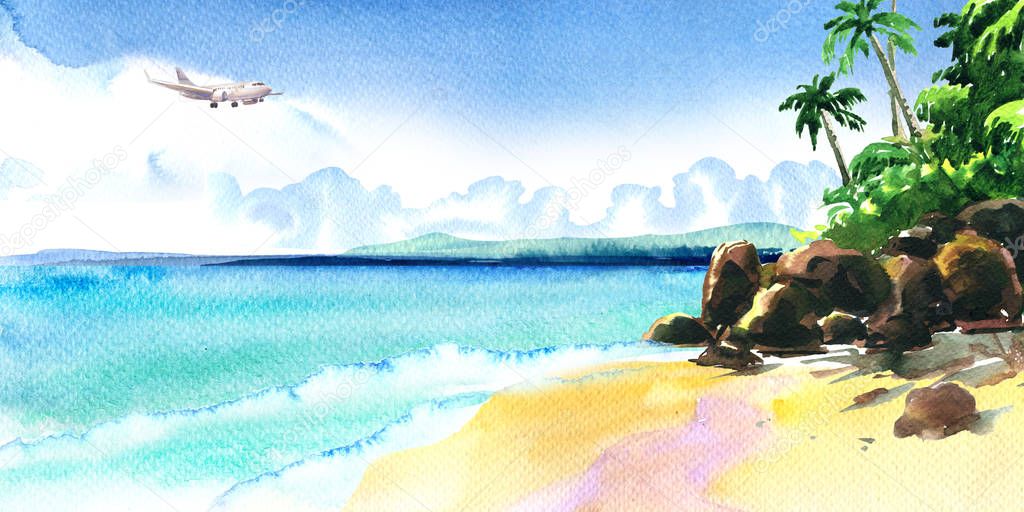 Beautiful paradise tropical island with tropical beach, ocean, sandy beach, palm trees, rocks, flying airplane on sky, summer time, vacation and travel concept, hand drawn watercolor illustration