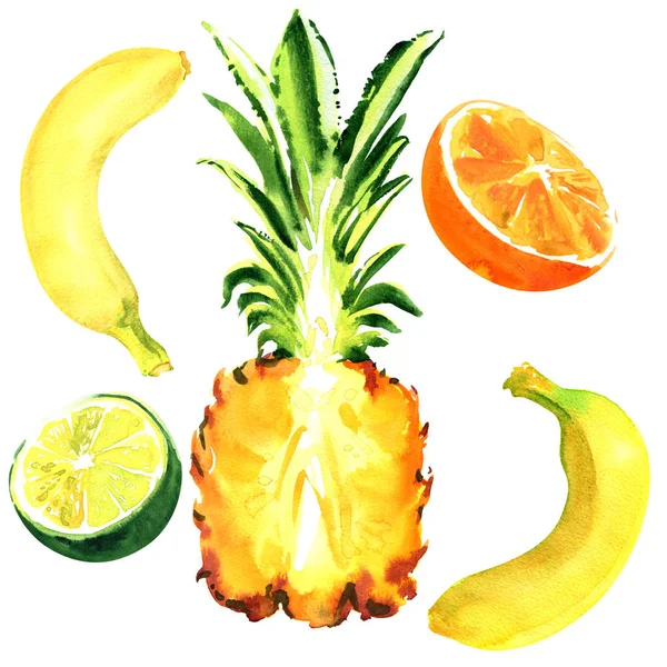 Frutas frescas exóticas, banana, abacaxi, laranja, limão, frutas tropicais suculentas, alimentos saudáveis, isolado, desenhado à mão ilustração aquarela sobre branco — Fotografia de Stock