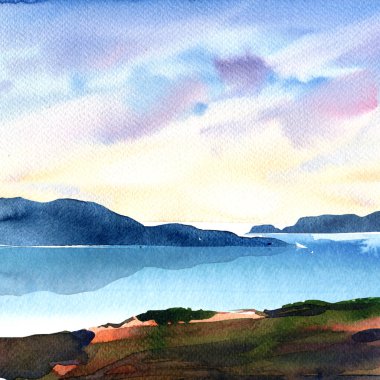 Okyanus ile güzel manzara, dağlar, renkli bulutlar ile gökyüzü, sanatsal duvar kağıdı, güzel görünüm, dinlenmek, tatil, seyahat konsepti, el çizilmiş suluboya illüstrasyon, Doğa arka plan
