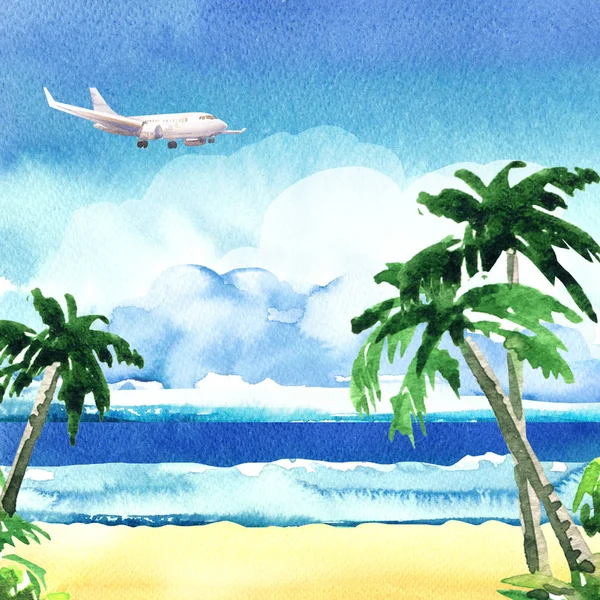 Bellissima isola tropicale paradisiaca con oceano, spiaggia sabbiosa, palme, rocce, aereo volante in cielo, ora legale, concetto di vacanza e di viaggio, illustrazione ad acquerello disegnata a mano — Foto Stock