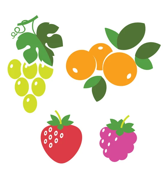 Bayas frescas jugosas, frambuesas, fresas, uvas, espino cerval de mar con hojas, aisladas en blanco, ilustración vectorial — Archivo Imágenes Vectoriales