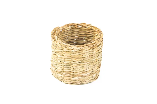 Wicker brown box, empty wooden wicker basket, object isolated on white — Stock Photo, Image