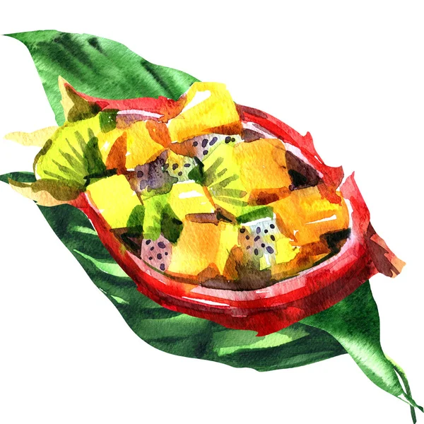 Insalata di frutta tropicale fresca in drago su foglie di palma, colazione sana, concetto di cibo, illustrazione ad acquerello disegnata a mano su bianco — Foto Stock