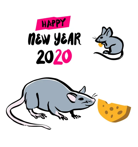 Gray rat with cheese, symbol of chinese happy new year 2020. Chinese Zodiac sign. Vector illustration, isolated on a white — Stock Vector
