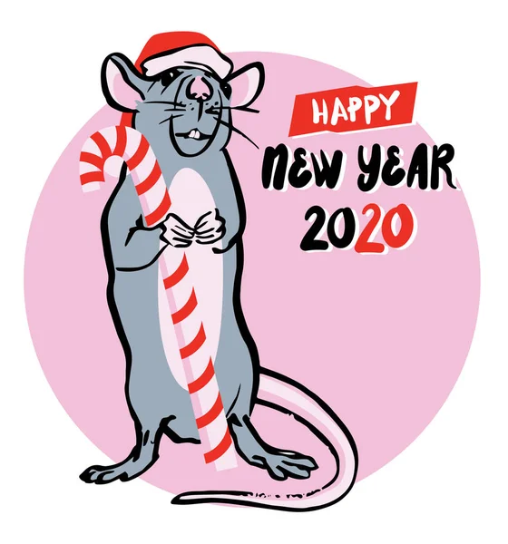 Cute gray rat with Christmas cane, candy Lollipop, symbol of chinese happy new year 2020. Chinese Zodiac sign. Vector illustration on white background, banner design, greeting card — Stock Vector
