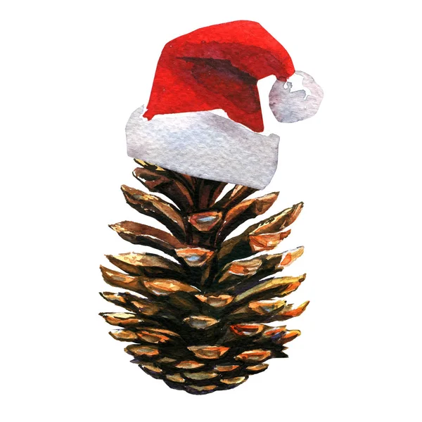 Pine Cone och Santa Claus Red Hat, juldekoration, nyår kort, dekor element, Xmas koncept, isolerade, handritade akvarell illustration på vit — Stockfoto