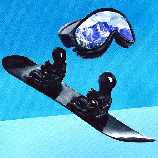 Skisportglas mit Bergreflexion und schwarzem Snowboard, aktive Ausrüstung, isoliert, handgezeichnete Aquarell-Illustration auf Blau — Stockfoto