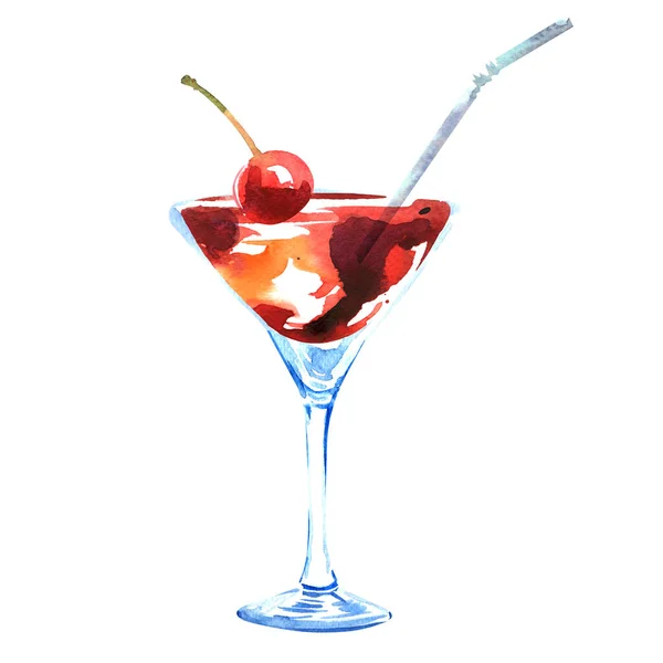 Martini pohár cseresznyével, alkoholos vörös koktél szalmával, elszigetelt, kézzel rajzolt akvarell illusztráció fehér — Stock Fotó