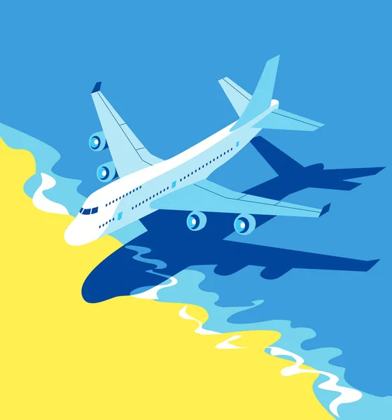 青い空と雲、空を飛ぶジェット、海と熱帯のビーチに着陸する旅客機、旅行や休暇のコンセプト、ベクトルイラスト — ストックベクタ