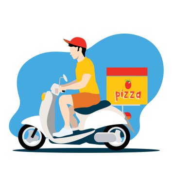 Teslimatçı çocuk pizza kutusu, yemek servisi, nakliye konsepti, düz tasarım, ikon, renk arkaplanı vektör illüstrasyonuyla beyaz scooter kullanıyor.