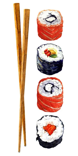 Set di sushi o rotoli e bacchette, cibo tradizionale giapponese, concetto di cibo, primo piano, isolato, illustrazione ad acquerello disegnata a mano su bianco — Foto Stock