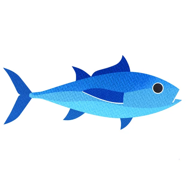 Tonno rosso, tonno, pesce d'acqua dolce intero, Thunnus thynnus, frutti di mare, primo piano, icona grafica piatta, elemento di design del pacchetto, isolato, disegno ad acquerello disegnato a mano su bianco — Foto Stock