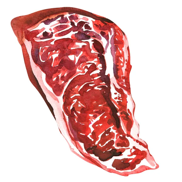 生牛肉，未煮熟的肉眼牛排，准备烹调的新鲜牛肉，关闭，顶部视图，孤立的，白色手工绘制的水彩画 — 图库照片