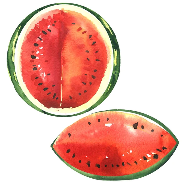 Reife saftig gestreifte Wassermelone, Citrullus lanatus, geschnitten, Draufsicht, isoliert, handgezeichnete Aquarell-Illustration auf Weiß — Stockfoto