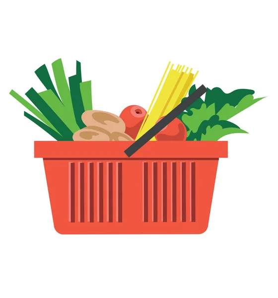 Cesta de compras de plástico vermelho com produtos de mercearia, frutas e legumes frescos, alimentos orgânicos saudáveis, isolados em branco, ilustração vetorial — Vetor de Stock