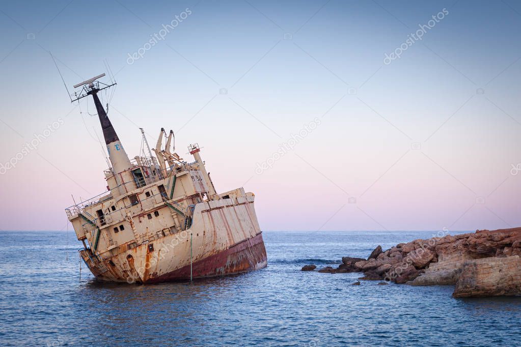 Abandoned rusty ship Edro III near Pegeia, Paphos, Cyprus at sun