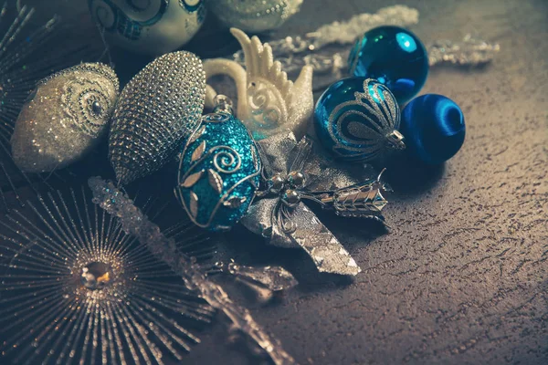 Belles Boules Noël Argentées Bleues Pour Nouvel 2019 Sur Fond — Photo