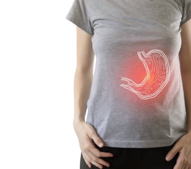 Kadının vurgulanan acı mide dijital bileşik 