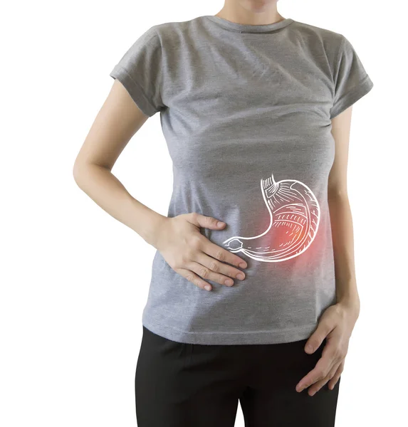 Compuesto digital de estómago doloroso resaltado de la mujer —  Fotos de Stock