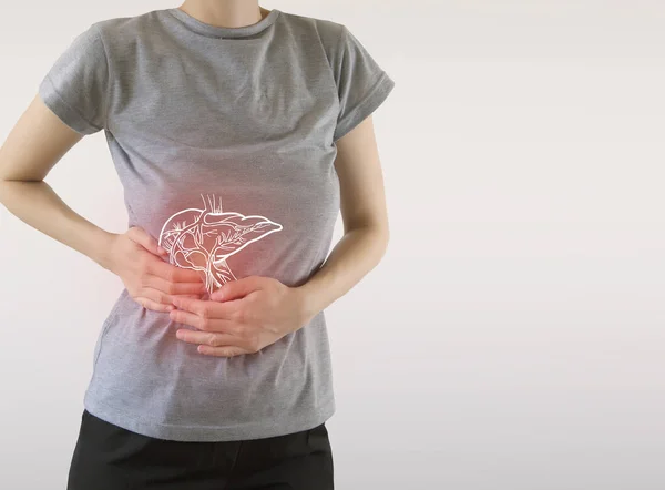 Compuesto digital de hígado doloroso resaltado de la mujer — Foto de Stock