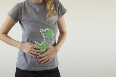 Digital composite of highlighted stomach of woman with infection clipart