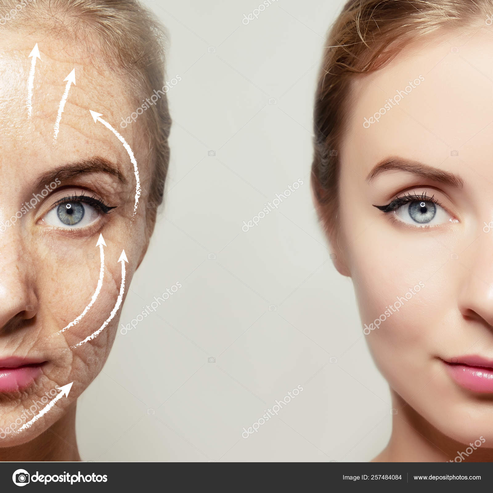 女人的脸分成两半年轻的和年老的皮肤——图库图片© vitalio333 #257484084, image size:1600x1603