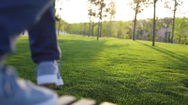 成熟した男はカメラから離れて歩き 草の上に座る — ストック動画
