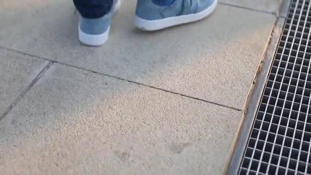 Mature Man Walking Park Outdoors Feet Close Seup — стоковое видео
