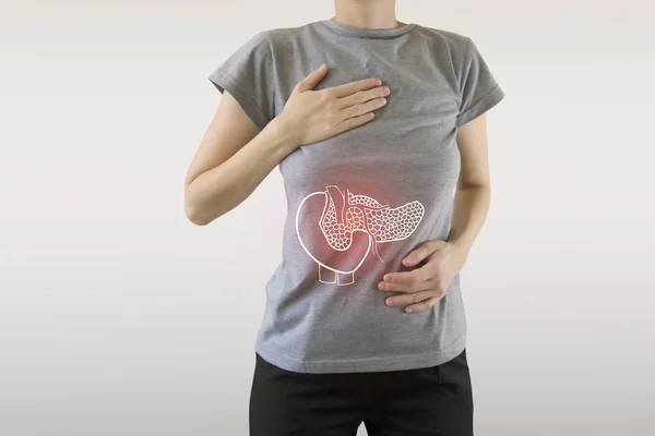 Composite numérique du pancréas rouge mis en évidence de la femme — Photo