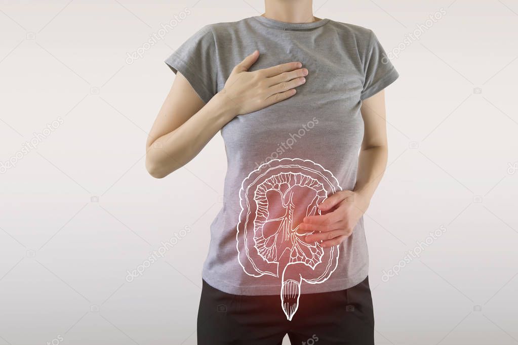Digital composite of highlighted redinjured or infected intestine