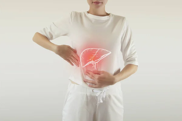 Composto digital de fígado doloroso vermelho destacado da mulher — Fotografia de Stock